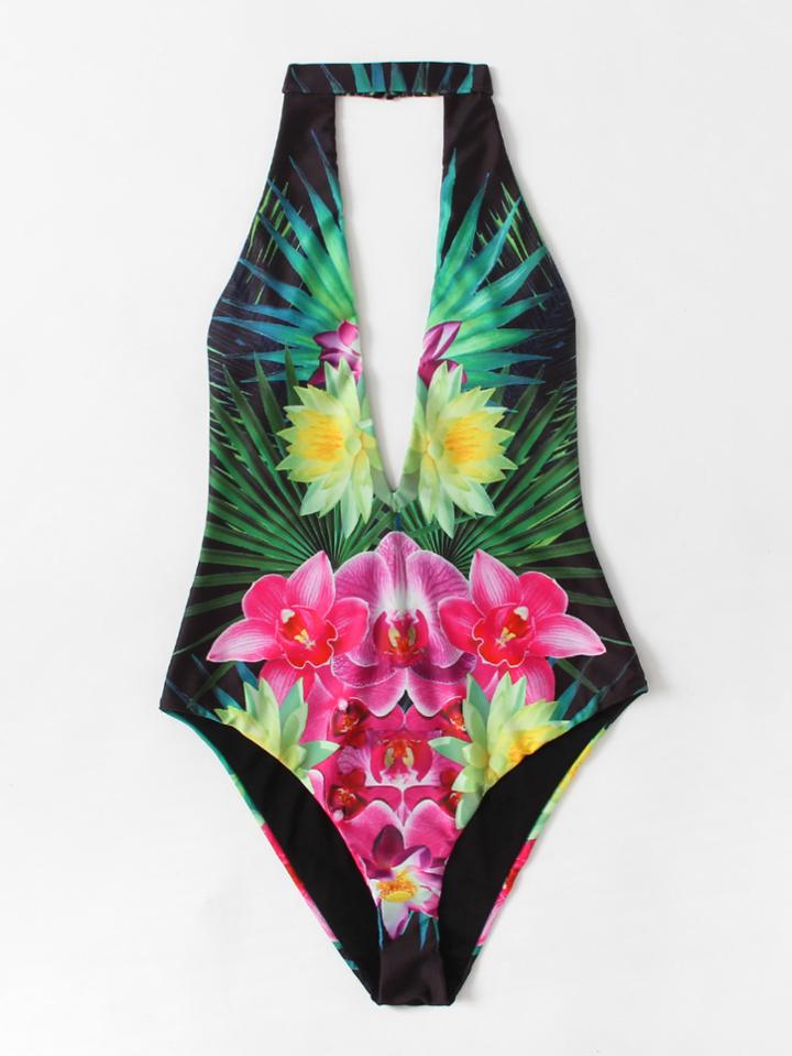 Shein Flower Print Plunge V Neckline High Leg Swimsuit