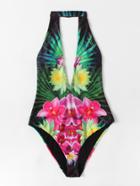 Shein Flower Print Plunge V Neckline High Leg Swimsuit