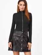 Shein Black Ribbed Knit High Neck Zip Up T-shirt