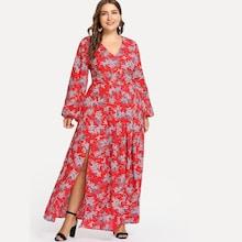 Shein Plus Bishop Sleeve Boxed Pleated Jungle Print Dress