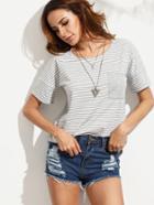 Shein Grey Striped Pocket Short Sleeve T-shirt