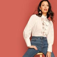 Shein Lace Insert Bow Detail Bishop Sleeve Top