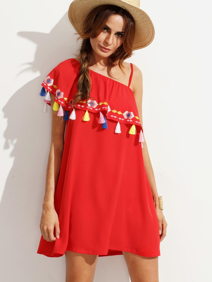 Shein Red Embroidered Tassel Ruffle Dress