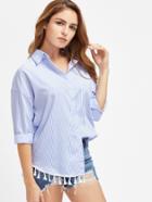 Shein Vertical Striped Drop Shoulder Tassel Hem Shirt