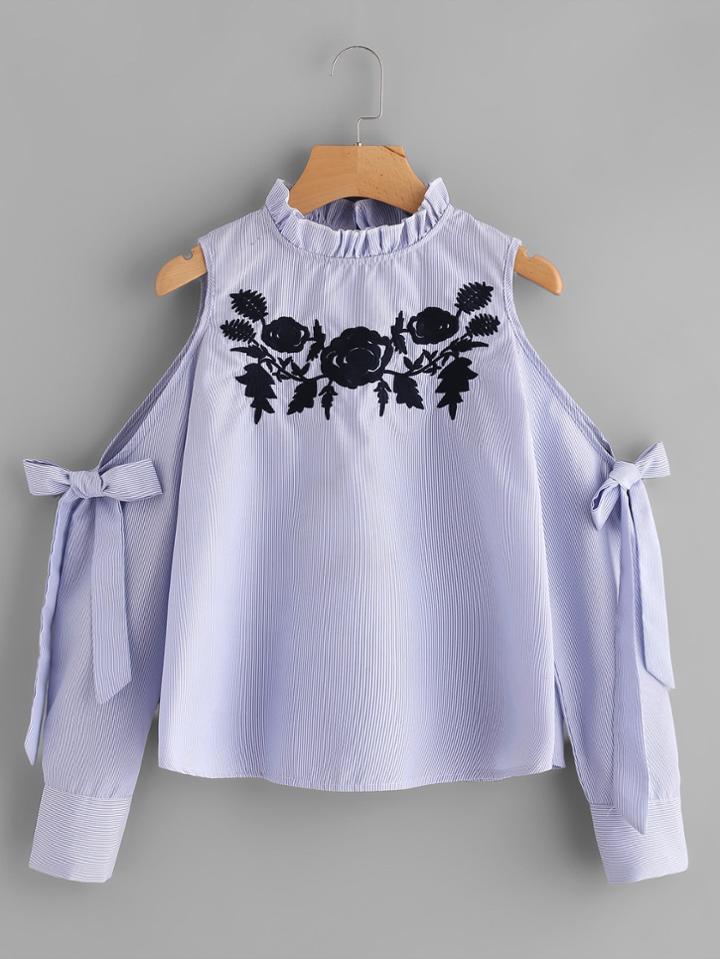 Shein Pinstriped Open Shoulder Tie Detail Embroidery Blouse