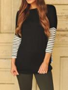 Shein Black Round Neck Contrast Quilting Pane Colourblock Striped Loose T-shirt