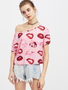 Shein Drop Shoulder Roll Cuff Red Lip Tee