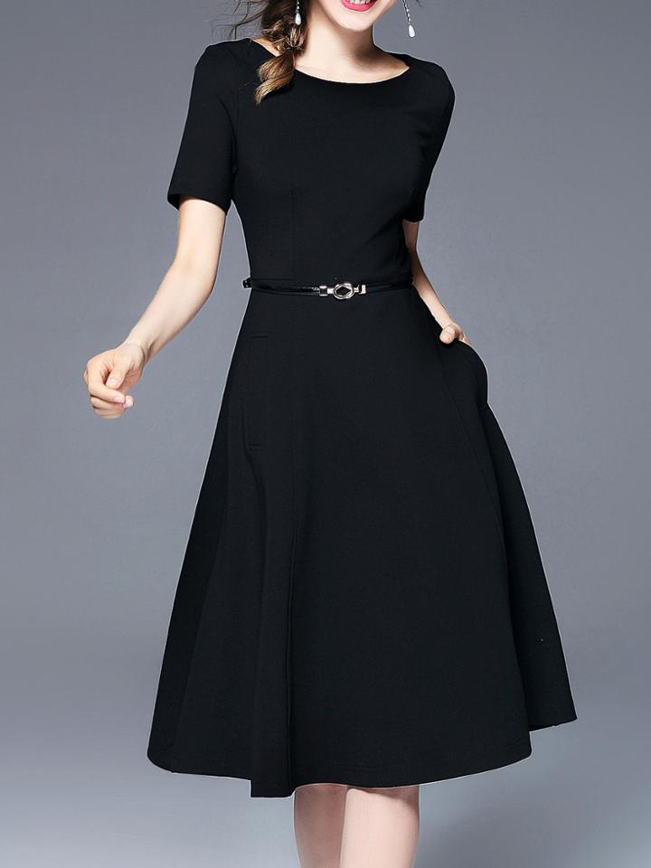 Shein Crew Neck Belted Pockets Dress