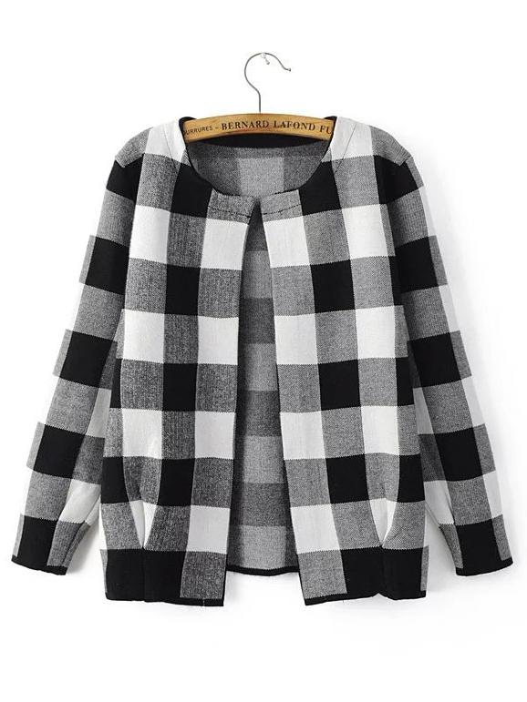 Shein Black And White Checkered Open Front Cardigan