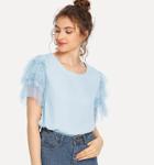 Shein Pearl Beaded Tiered Mesh Sleeve Blouse