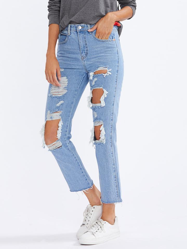 Shein Destroyed Bleach Wash Raw Hem Jeans