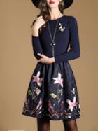 Shein Navy Knit Flowers Embroidered Jacquard Combo Dress