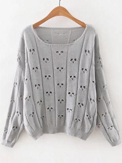 Shein Grey Heart Hollow Out Drop Shoulder Knitwear