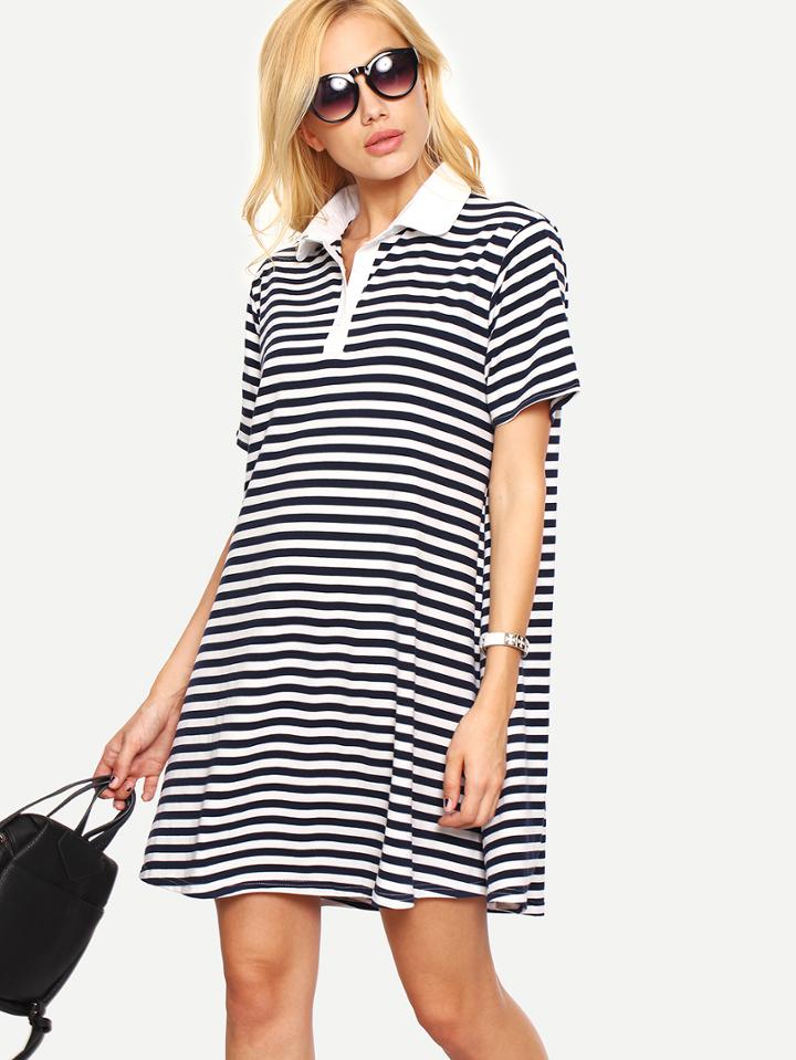 Shein Navy Striped Loose-fit Polo Dress