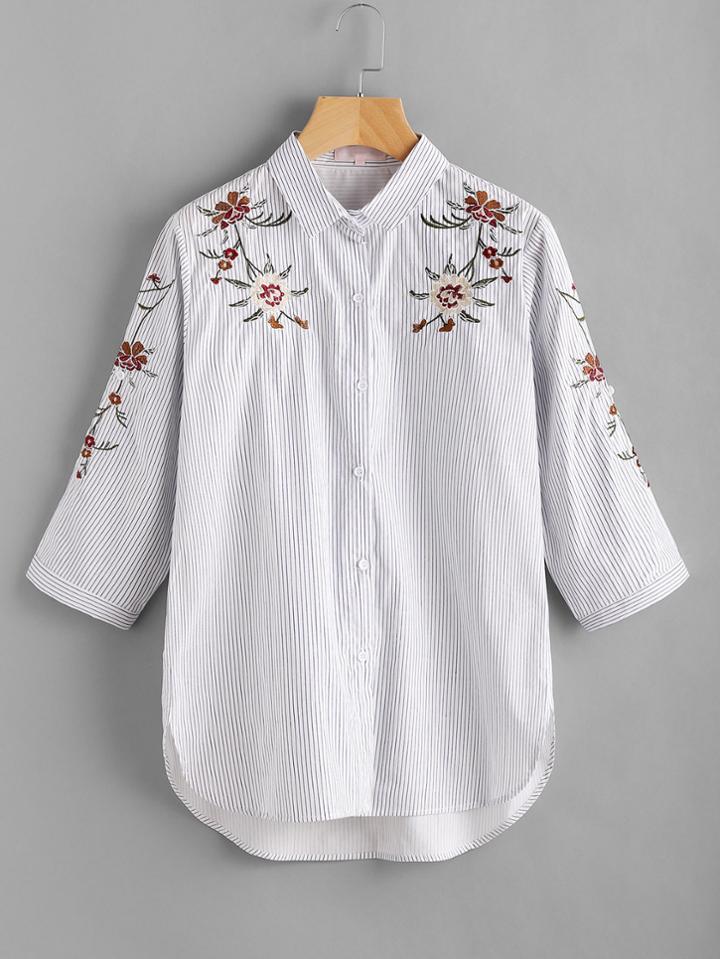 Shein Pinstripe Flower Embroidered  Blouse