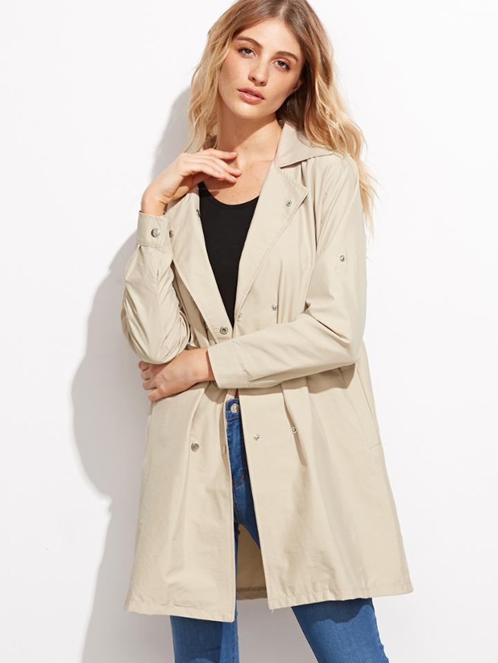 Shein Khaki Drawstring Waist Pockets Coat
