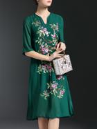 Shein Green V Neck Flowers Embroidered Shift Dress