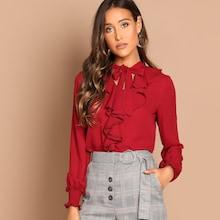 Shein Ruffle Detail Tie Neck Solid Top