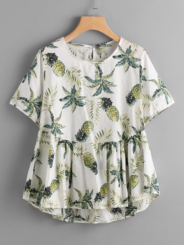 Shein Tropical Print Keyhole Back Dip Hem Smock Blouse