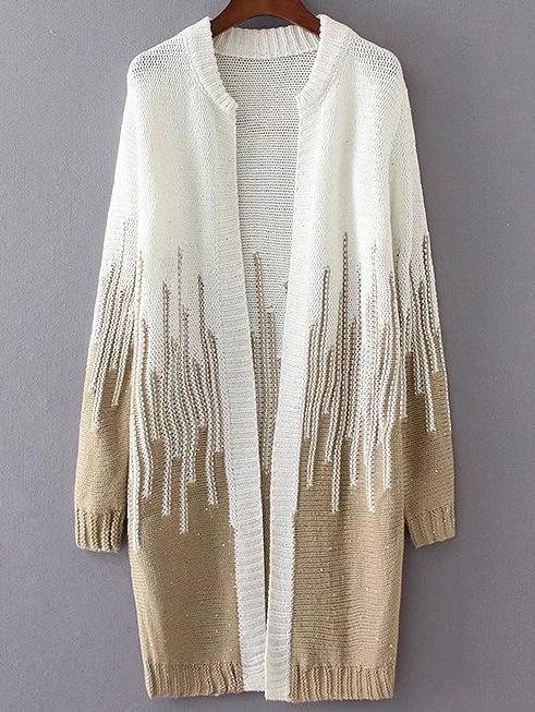 Shein Khaki Color Block Long Cardigan