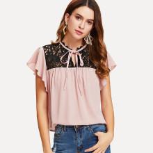 Shein Tie Neck Lace Yoke Flutter Sleeve Top
