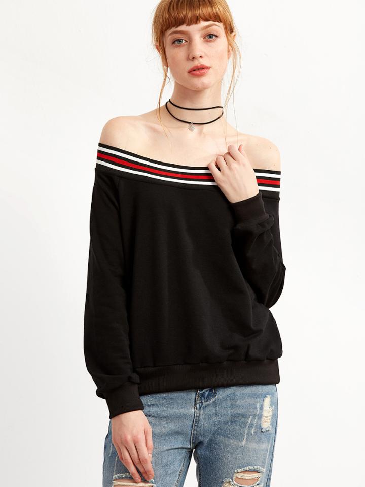 Shein Off The Shoulder Striped Trim Sweatshirt