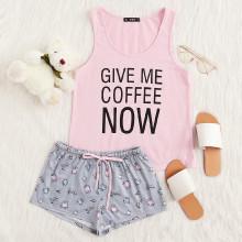 Shein Graphic Print Top And Drawstring Shorts Pj Set