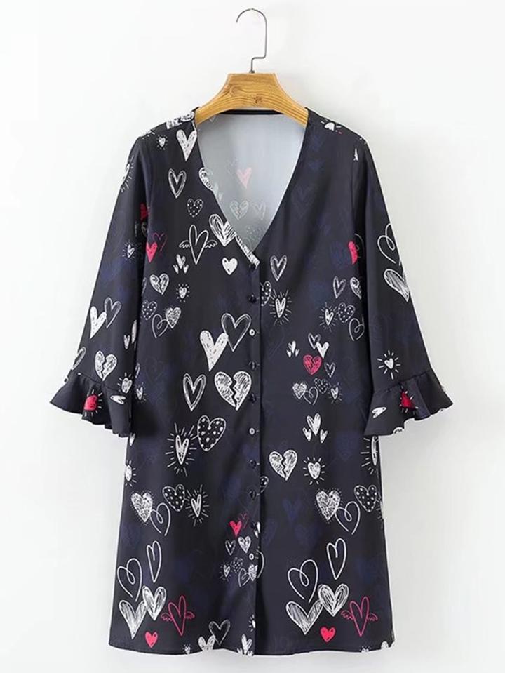 Shein Heart Print Frill Cuff Self Tie Dress