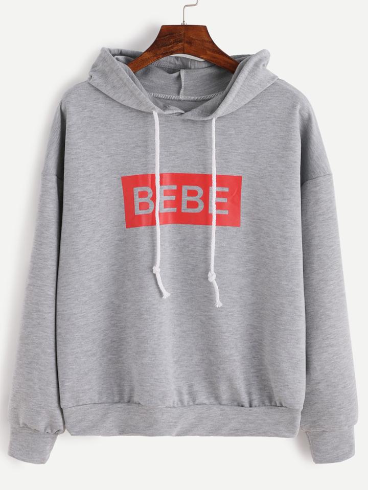 Shein Grey Letter Print Hooded Sweatshirt