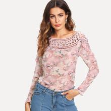 Shein Lace Crochet Contrast Floral Print Blouse