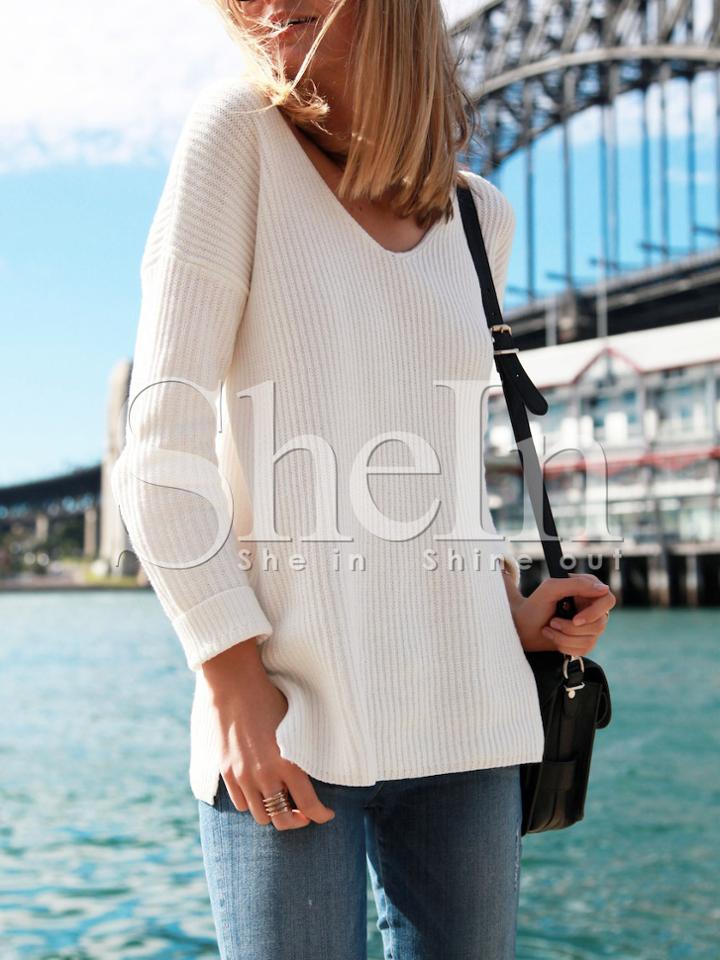 Shein White V Neck Loose Sweater