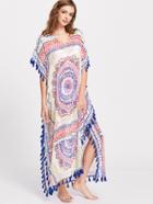Shein Tribal Print Tassel Trim Slit Side Cover Up