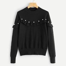 Shein Frill Trim Pearl Beaded Sweater