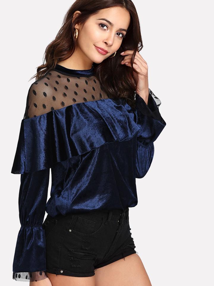 Shein Dot Mesh Yoke Flounce Sleeve Velvet Top