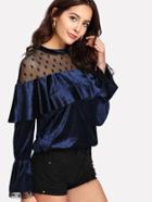 Shein Dot Mesh Yoke Flounce Sleeve Velvet Top