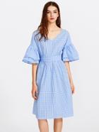 Shein Double V Neck Tiered Bell Sleeve Gingham Dress