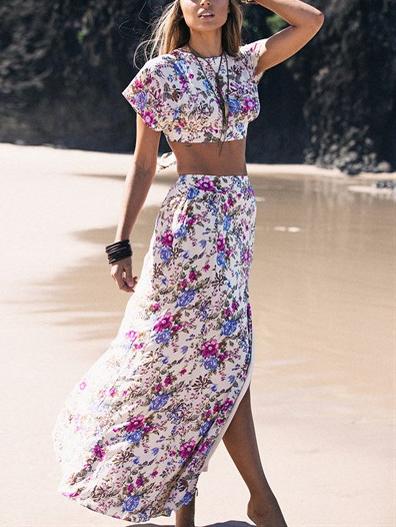 Shein Open Back Lace Up Florals Crop Top With Split Skirt