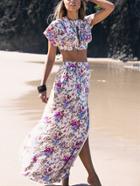 Shein Open Back Lace Up Florals Crop Top With Split Skirt