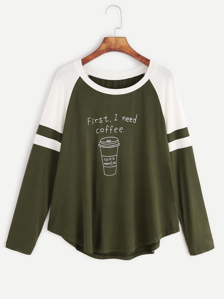 Shein Contrast Coffee Print Striped Raglan Sleeve T-shirt