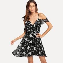 Shein Allover Star Print Asymmetrical Neckline Dress