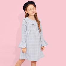 Shein Girls Zip Back Flounce Sleeve Plaid Dress