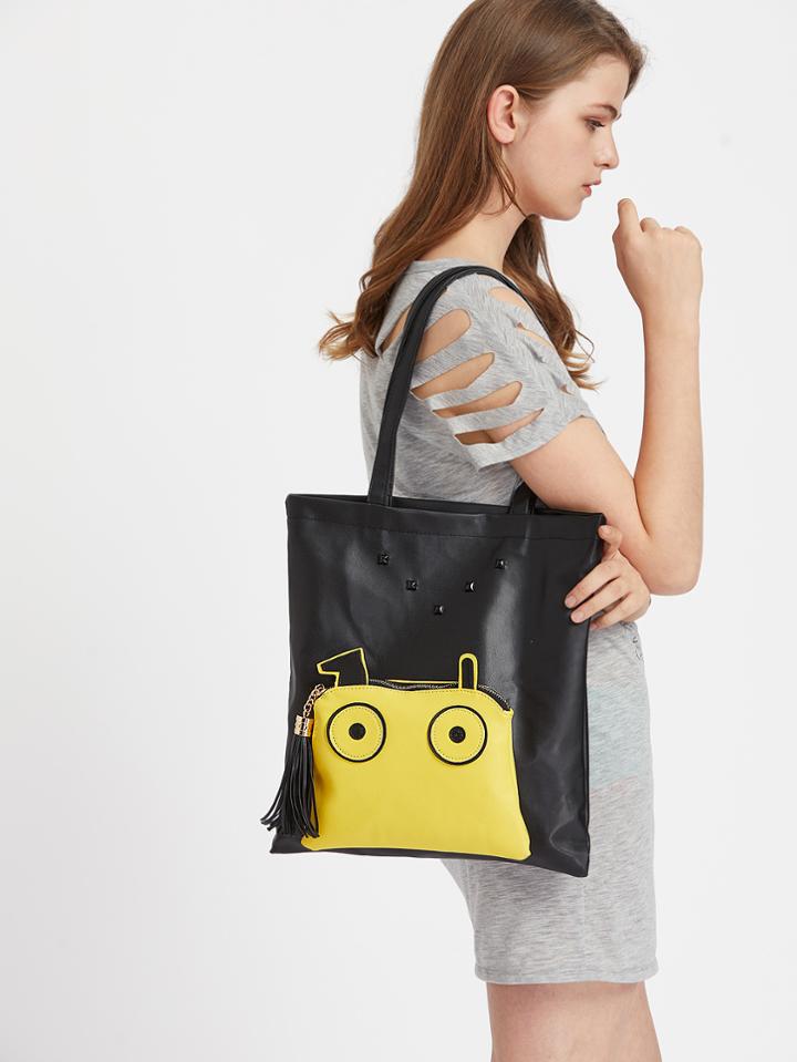 Shein Cute Pocket Front Tote Bag With Tassel