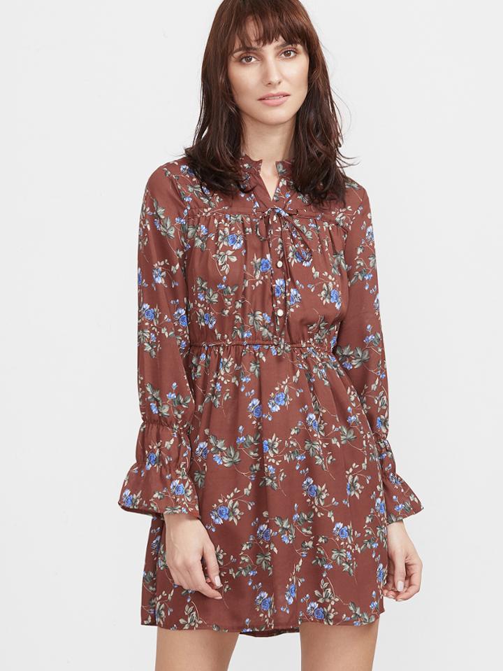 Shein Brown Floral Print Shirt Dress