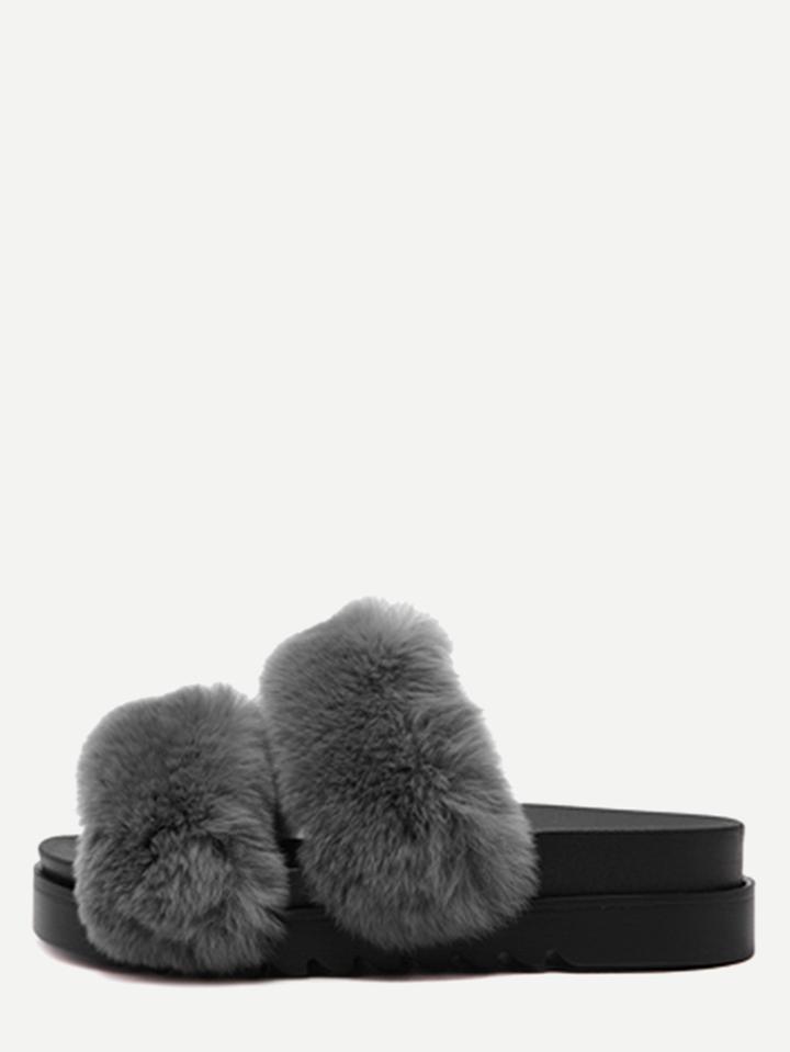 Shein Grey Rabbit Hair Peep Toe Flatform Slippers