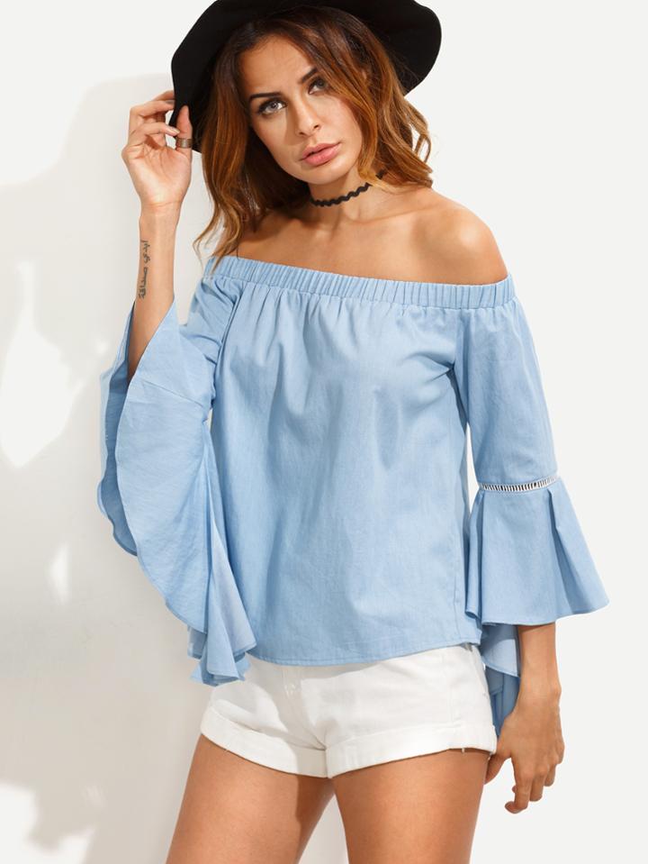 Shein Blue Off The Shoulder Bell Sleeve Blouse