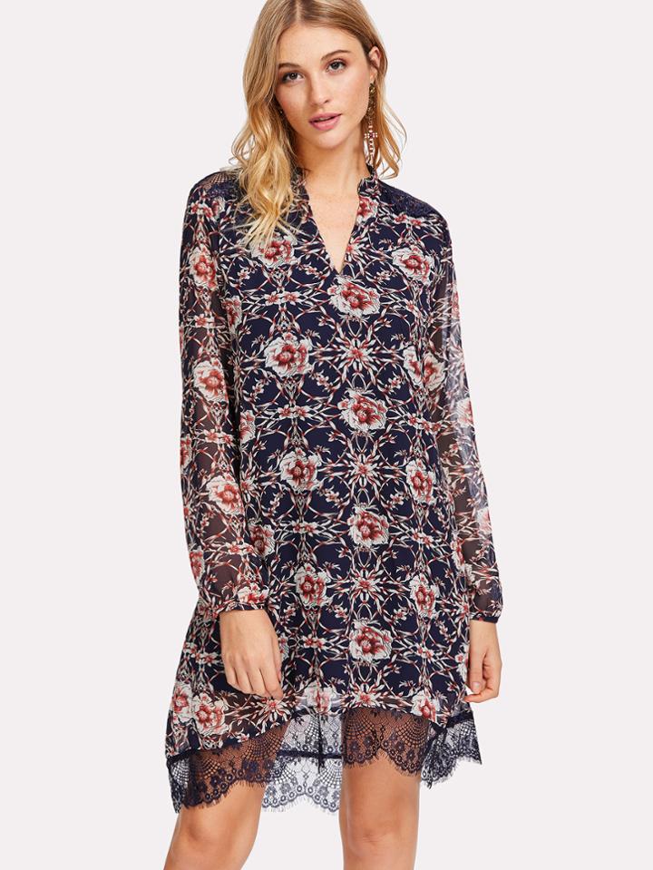 Shein Lace Detail Cutout V Back Botanical Dress