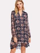 Shein Lace Detail Cutout V Back Botanical Dress