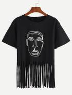 Shein Cartoon Portrait Print Fringe T-shirt - Black