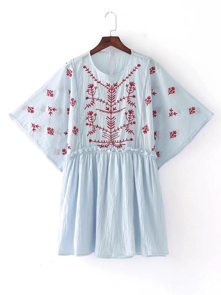 Shein Kimono Sleeve Frill Trim Embroidery Dress