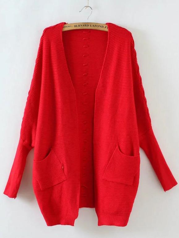Shein Red Batwing Sleeve Lace Up Back Cardigan With Pocket